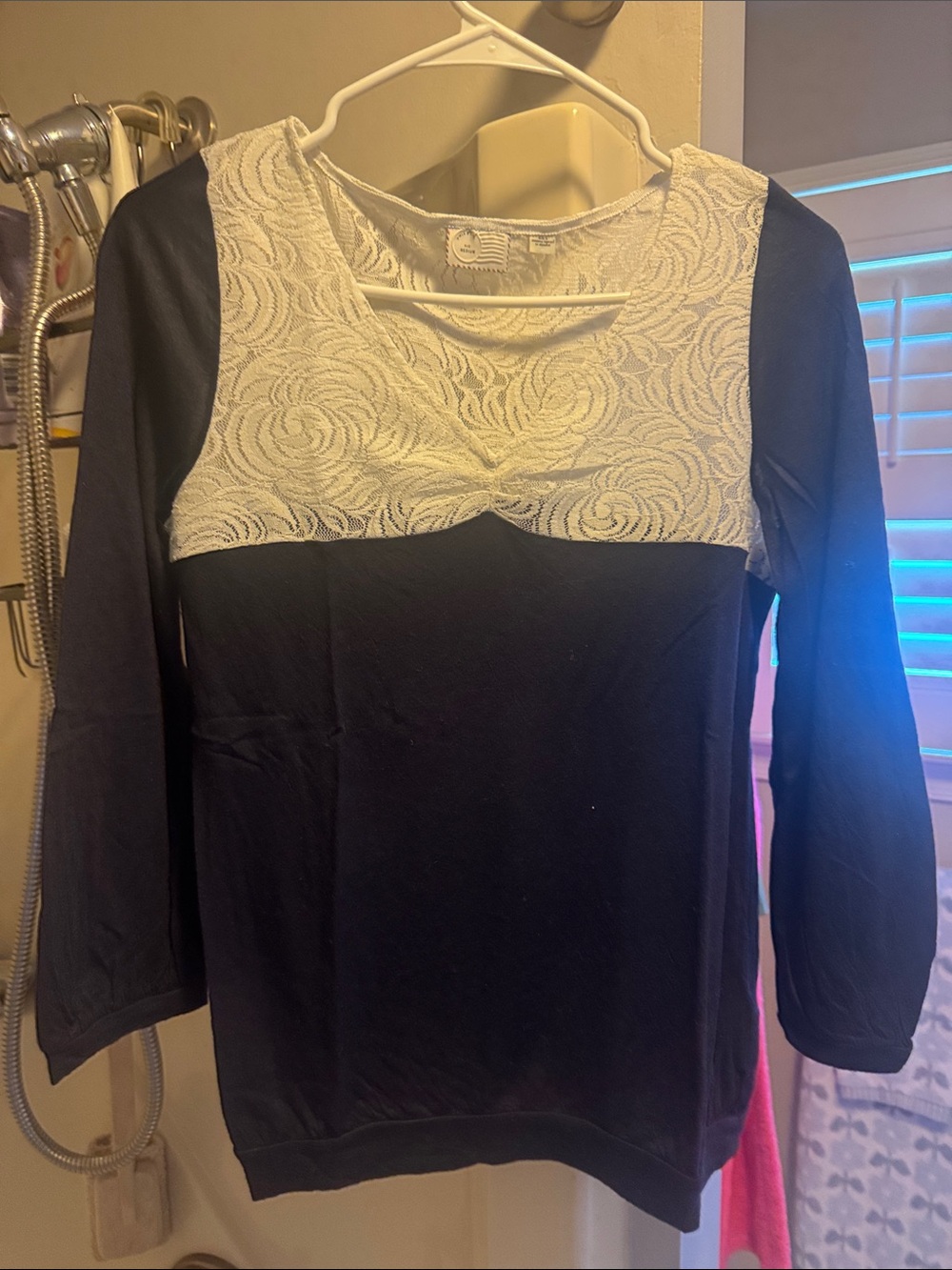 Navy Women's Lace Yoke Pullover Top
